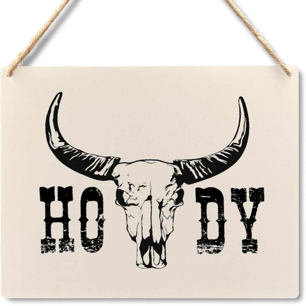 Lacosu Cow Skull Howdy Hanging Wood Sign - Western Signs, Howdy Sign, Western